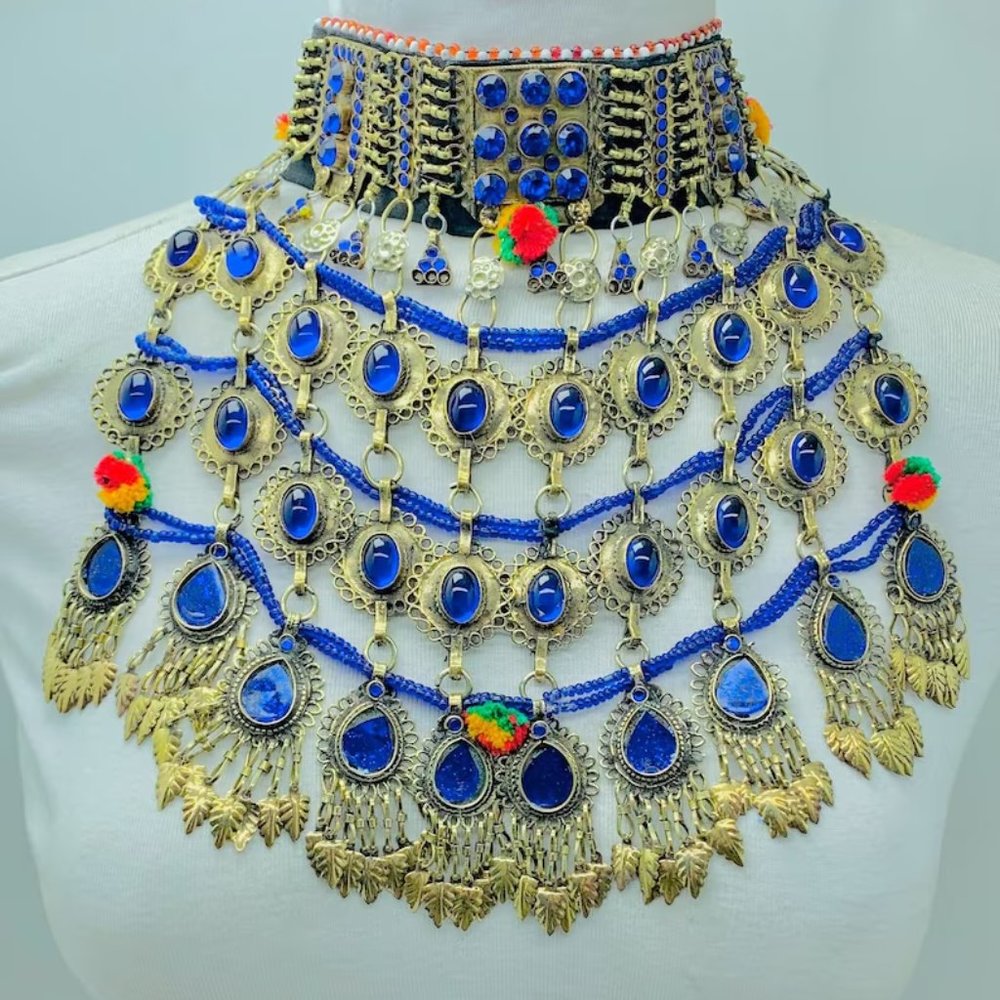 Blue Stones Afghan Necklace, Tribal Kuchi Layered Afghan Necklace, Handmade